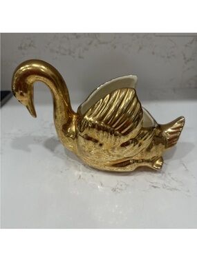 Pearl China Co Swan Hand Decorated with 22 Kt Gold Floral Design Vintage